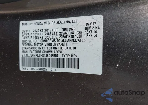 2018 Honda Odyssey Touring z USA, uszkodzony, nr VIN 5FNRL6H81JB043504